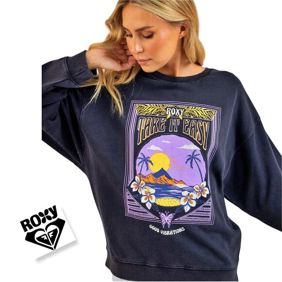 ROXY Oversized Tropical Graphic Sweatshirt Crew Pullover Blue Purple XS - Picture 1 of 13